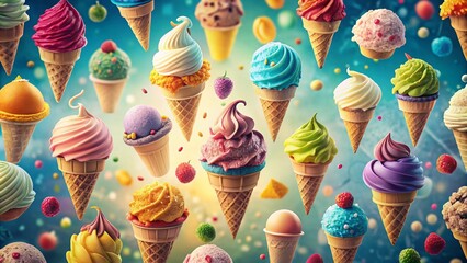 Hand-Drawn Ice Cream Pattern in Vibrant Colors for Fun and Playful Design Projects, Perfect for Textiles, Packaging, and Summer-Themed Artwork