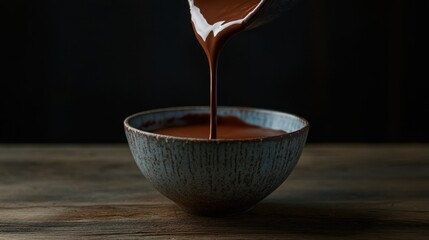 Smooth Chocolate Liquid Pouring Into Rustic Bowl on Wooden Table