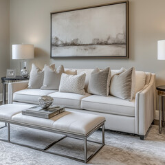 blend of traditional and modern, creating a balanced and timeless look. Neutral color palette, soft furnishings, and a mix of classic and contemporary pieces.