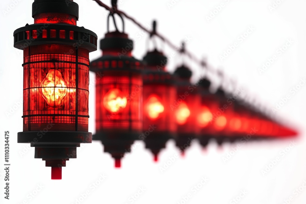 Poster illuminated red lanterns hang in a row.