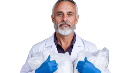 Scientist holding samples in protective gloves on transparent background