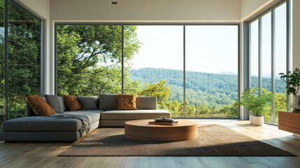 Fototapeta premium A living room in a modern house designed to maximize its stunning panoramic views. The space features floor-to-ceiling windows that frame breathtaking sights of the surrounding landscape, 