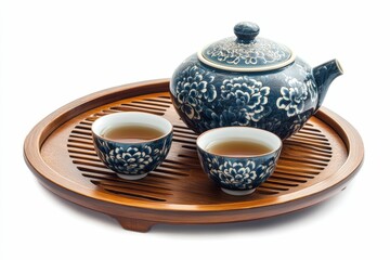 Fototapeta premium Ornate teapot, teacups, wooden tray; floral design.