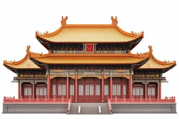 Ornate Asian palace, golden roof, red walls.
