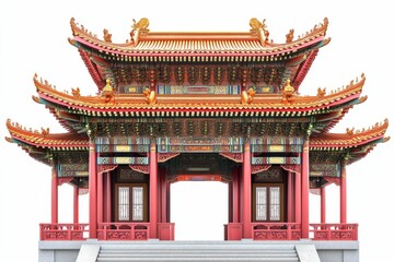 Fototapeta premium Ornate red pavilion, tiered roof, detailed carvings.