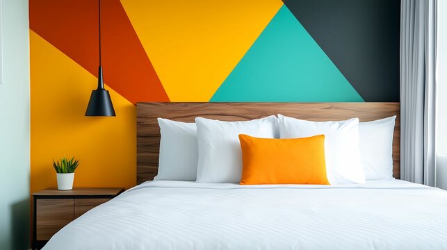 A modern bedroom featuring a colorful geometric wall design, a cozy bed with white linens, and a stylish lamp, creating a vibrant and inviting atmosphere.