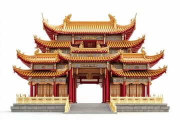 Ornate golden red Asian gate, tiered roof.