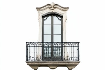 Obraz premium Ornate balcony, window, iron railing, stone frame.