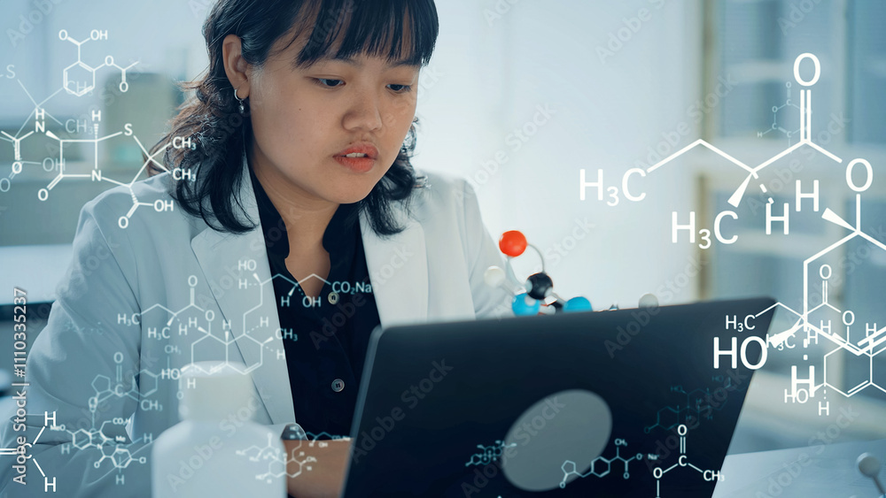 Aufkleber 科学、研究、化学、物質、分子構造、分子モデル、有機化学、製薬、医薬品、実験、分析、ベンゼン環、検査、女性、開発、研究所、ラボ、研究員、白衣、医療、メディカル、創薬、合成、理系、学生、大学生、大学、テクノロジー、バイオ、RoHS、ハロゲンフリー、アジア人、データ、デジタル、DX、テック、イノベーション、日本人、分子、元素、薬物、ドーピング、化学式、分子模型、医学、科学者、研究者、化合物、病院、cg