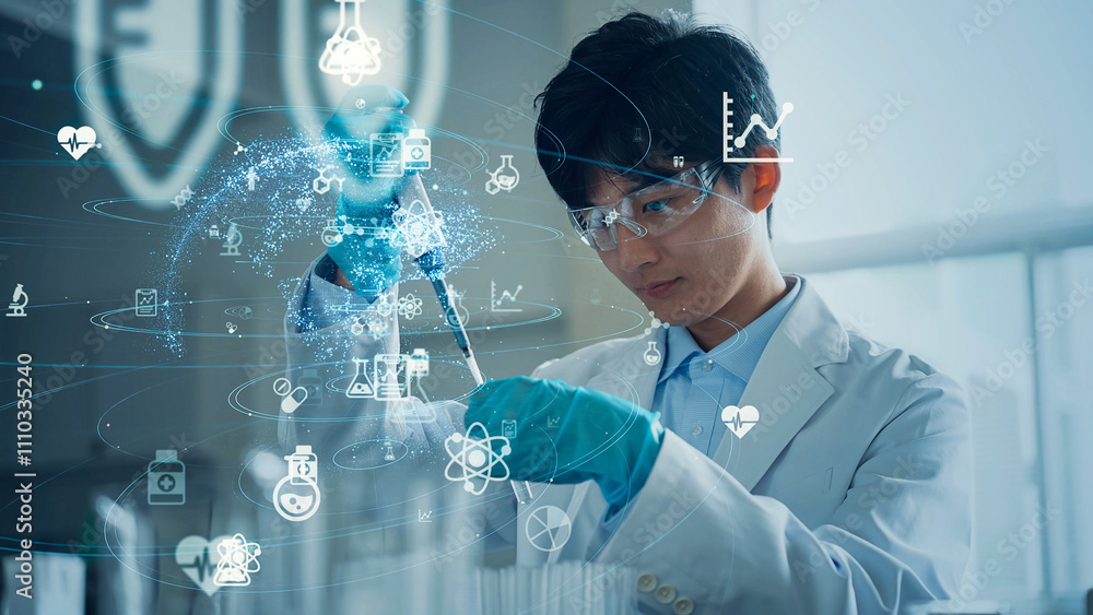 Aufkleber 研究、実験、医療、製薬、医薬品、検査、メディカル、日本人、科学者、研究者、ラボ、研究所、実験室、テクノロジー、メドテック、男性、医学、薬学、新薬、臨床検査技師、合成、大学生、大学、理系、科学、化学、分析、健診、病院、開発、検診、試験管、治療薬、メーカー、イノベーション、ヘルスケア、白衣、医師、人材、医療従事者、試薬、DNA、バイオテクノロジー、ネットワーク、物質、RoHS、生理、生体、cg、人物