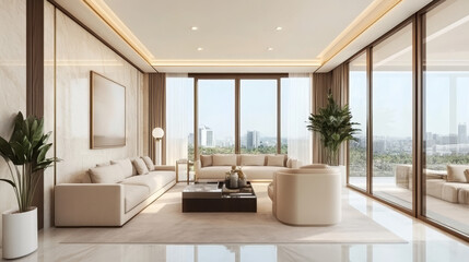 A living room styled with soft beige furniture, embodying elegance and comfort, set within a luxury interior of a modern apartment. The design follows a minimalist aesthetic, with a focus on clean 