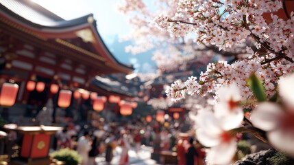 Picturesque View of a Japanese Shrine Surrounded by Cherry Blossoms During New Year Celebration