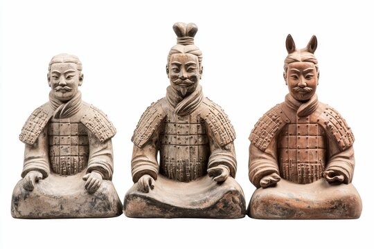 Three ancient terracotta statues, seated, armored.