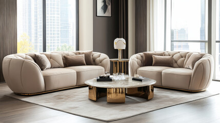 A living room styled with soft beige furniture, embodying elegance and comfort, set within a luxury interior of a modern apartment. The design follows a minimalist aesthetic, with a focus on clean 