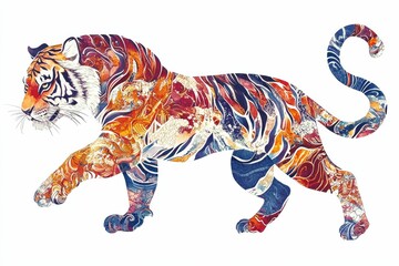 Ornate tiger silhouette, vibrant, abstract pattern.