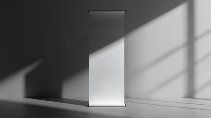 Obraz premium Blank White Roll Up Banner Mockup in Minimalist Studio Setting with Light and Shadow Effects