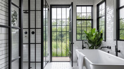 Modern bathroom with white subway tiles, black frame shower, freestanding tub, and French doors opening to a garden.