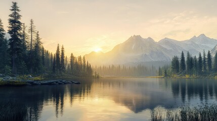 Fototapeta premium Tatra National Park, a lake in the mountains at the dawn of the sun. Poland