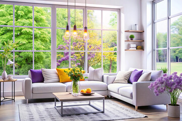 Here's a description and keywords for your stock photo.. Sunlit modern living room with large windows, white sectional sofa, colorful pillows, and spring flowers.