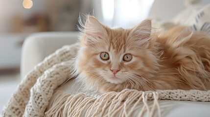 A peaceful ginger Persian kitten enjoys a cozy nap on a soft knit blanket, showcasing comfort, warmth, and home relaxation