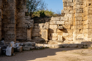 Rows of columns in Perge, Antalya, Turkey. Remains of colonnaded street in Pamphylian ancient city.Rows of columns in Perge, Antalya, Turkey. Ancient Kestros Fountain. Aksu, Antalya
