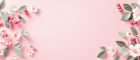 Fototapeta premium Pink flowers, berries, and green leaves arranged on a soft pink background. Elegant and minimal concept for nature and beauty themes