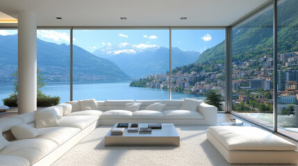 Fototapeta premium A modern living room featuring a sleek white sofa positioned centrally on a soft white carpet, exudes elegance and minimalism. 