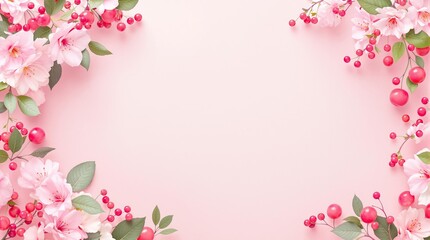 Fototapeta premium Pink flowers, berries, and green leaves arranged on a soft pink background. Elegant and minimal concept for nature and beauty themes