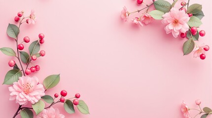 Fototapeta premium Pink flowers, berries, and green leaves arranged on a soft pink background. Elegant and minimal concept for nature and beauty themes