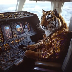 A proud tiger dressed as a pilot, preparing for takeoff in the cockpit of an airplane