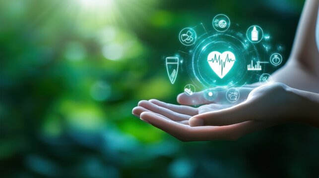 Wellness and longevity concept. A hand holds a digital representation of wellness and longevity icons, symbolizing the integration of health, nature, and long-term well-being.