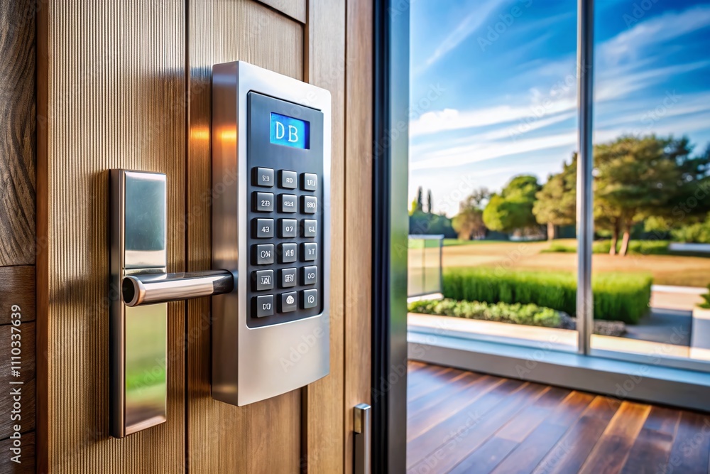 Aufkleber high-resolution product photography of a digital keypad security system installed on a modern door, 