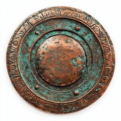 Naklejka premium Circular, metallic plate; etched border, aged patina.