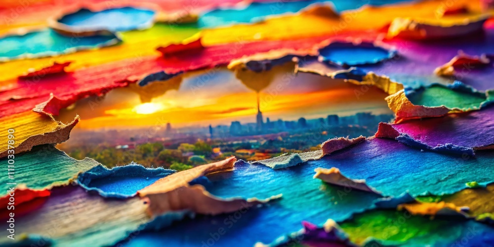 Poster holes torn in paper with a tilt-shift effect creating an artistic layered composition for creative p