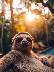 A relaxed sloth wearing a lifeguard uniform, lounging by a poolside with sunglasses