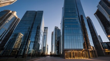 From below of entrance of office building next to contemporary high rise structures with glass mirrored walls and illuminated lights in Calgary city against cloudless blue sky
