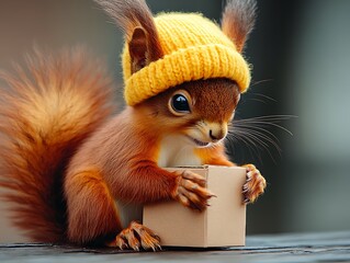 An excited squirrel in a delivery uniform, holding a package in a bustling city street