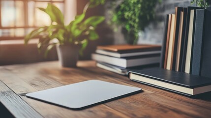 Cozy Workspace Setup: Laptop, Books, and Plants on Wooden Desk near Window