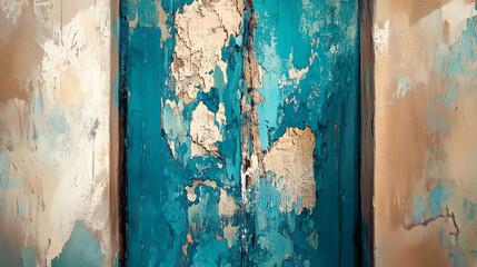 Weathered Wood Texture with Teal and Beige Peeling Paint Details