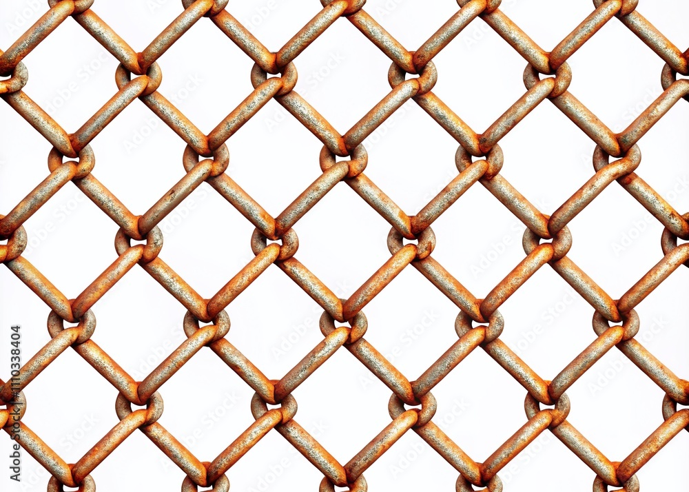 Poster hyperrealistic seamless pattern of rusted chain-link fence on white background, highly detailed and 