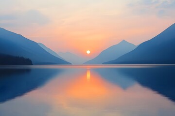 Fototapeta premium A serene sunset over a calm lake surrounded by mountains, reflecting vibrant colors.