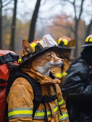 A cheerful fox dressed as a firefighter, rescuing a kitten from a tree