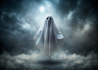 Illustration of a Classic White Ghost with Black Eyes, Floating in the Air, Perfect for Halloween Themes and Spooky Decorations