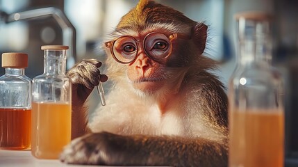 A cheerful monkey dressed as a scientist, conducting experiments in a laboratory