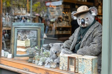 A cheerful koala wearing a baker&acirc;&euro;&trade;s hat, decorating a cake in a bakery