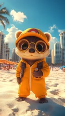 A contented otter dressed as a lifeguard, watching over swimmers at the beach