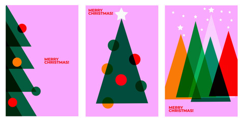 A set of three minimalist, geometric Christmas cards featuring abstract Christmas trees in various colors. The design is modern and festive, perfect for holiday greetings.
