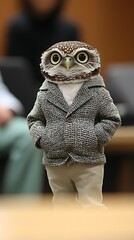 A contented owl dressed as a librarian, organizing books in a historic library