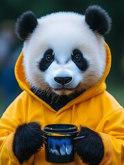 A contented panda in a painter&acirc;&euro;&trade;s smock, creating artwork in a bright studio