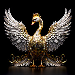 Obraz premium Three-dimensional depiction of a majestic swan with ornate gold decorations stands out against a dark, gradient background